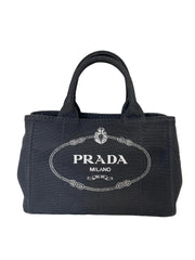 Prada Canapa Black Canvas Tote with Logo Print, Pre-Owned