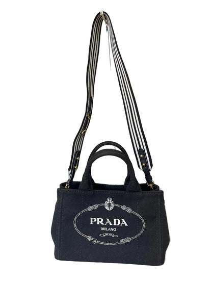 Prada Canapa Black Canvas Tote with Logo Print, Pre-Owned