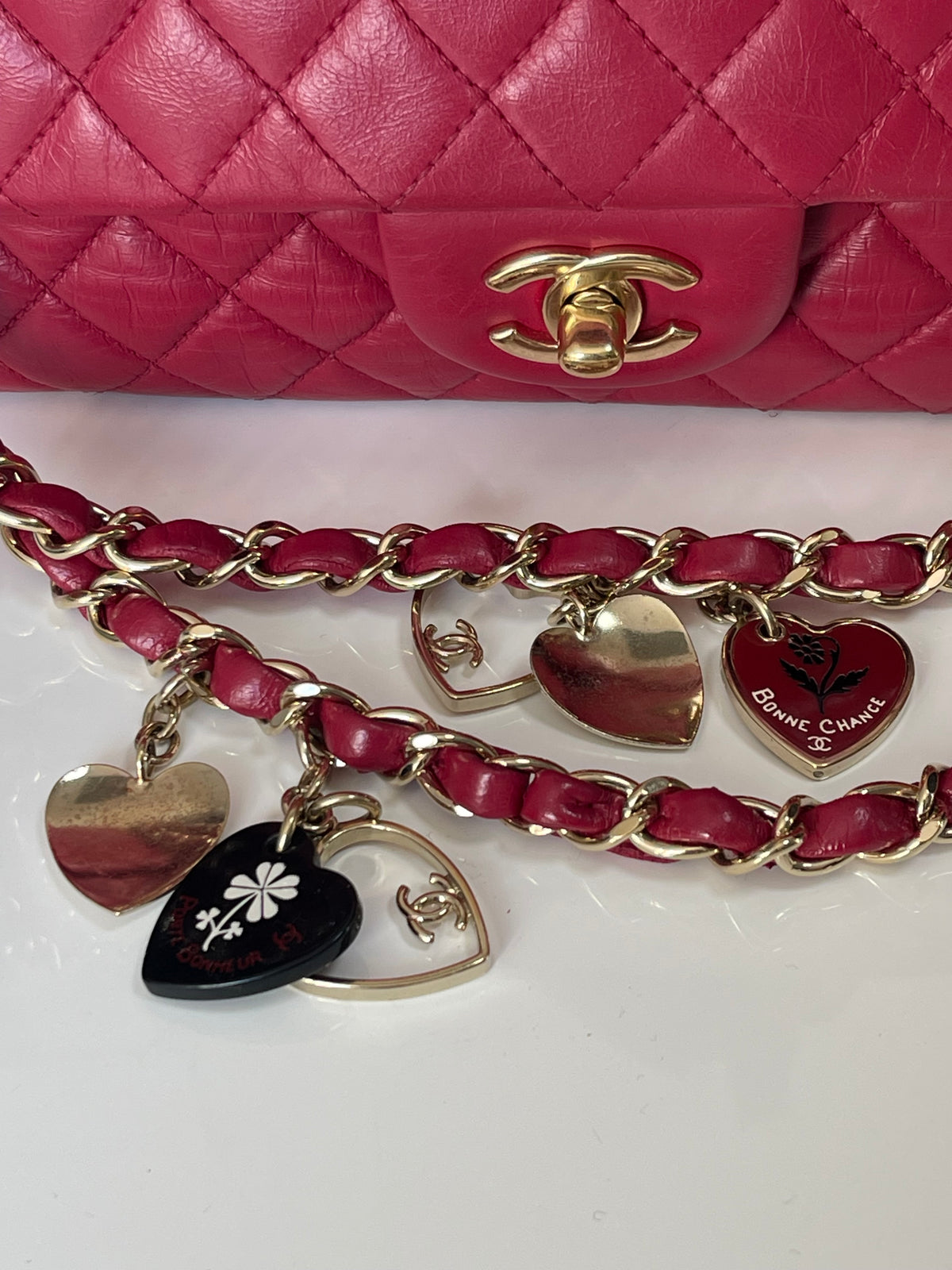 Chanel Red Quilted Leather Flap Shoulder Bag with Heart Charms, Gold Hardware, Pre-Owned