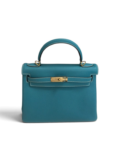 Structured Top-Handle Bag - Teal Togo Leather - Gold Hardware - Strap, Lock & Key