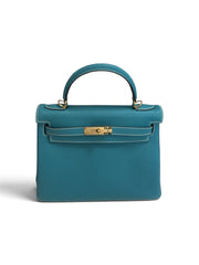 Structured Top-Handle Bag - Teal Togo Leather - Gold Hardware - Strap, Lock & Key
