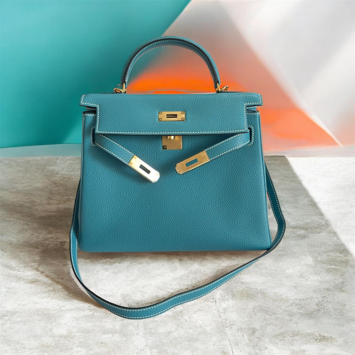 Structured Top-Handle Bag - Teal Togo Leather - Gold Hardware - Strap, Lock & Key