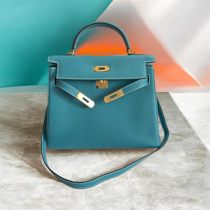 Structured Top-Handle Bag - Teal Togo Leather - Gold Hardware - Strap, Lock & Key