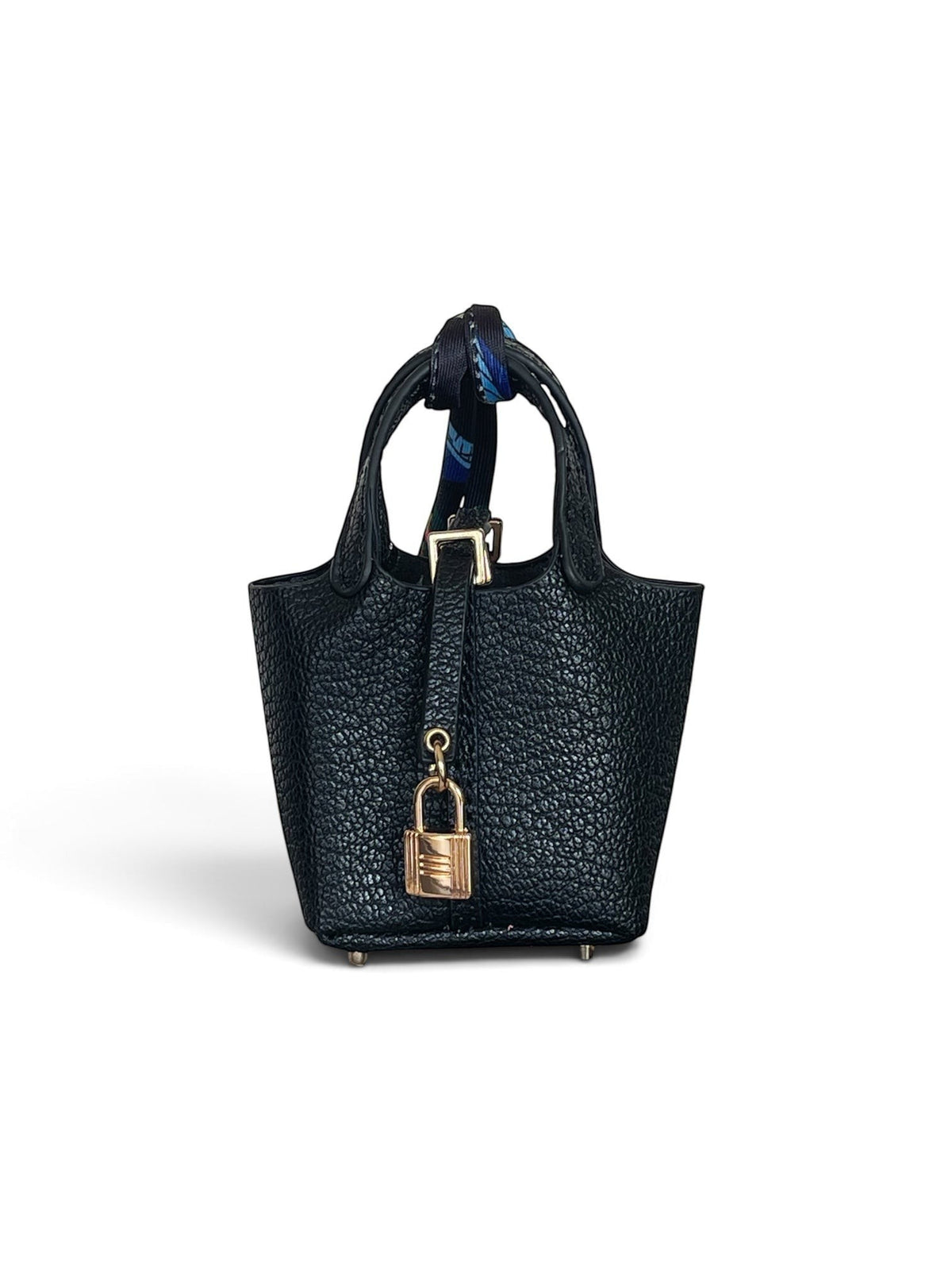 Bagsational black pebbled leather mini bucket bag charm with gold padlock detail and blue patterned handle scarf