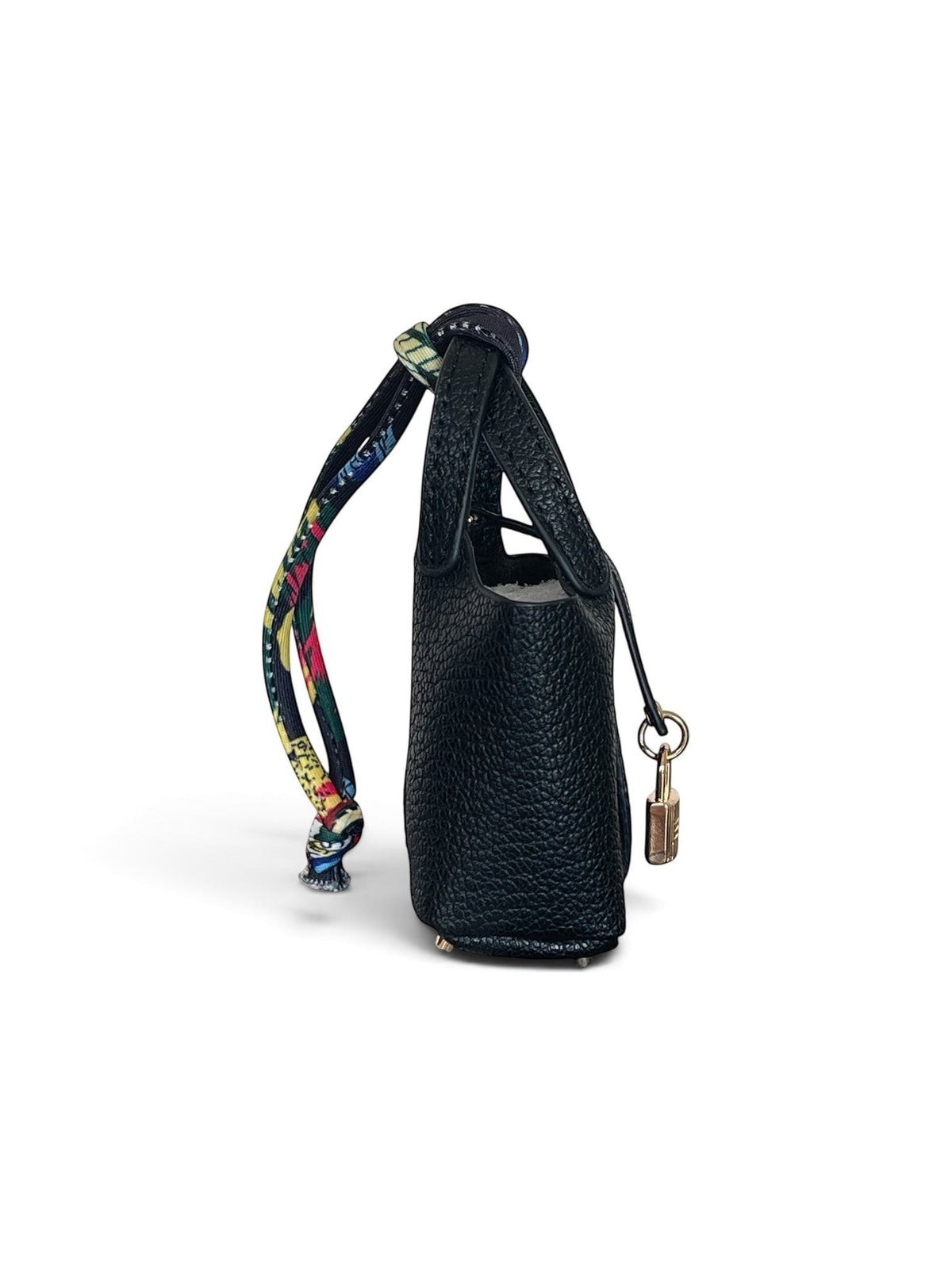 Bagsational black leather mini bucket bag charm with a decorative patterned silk scarf and small gold padlock detail.