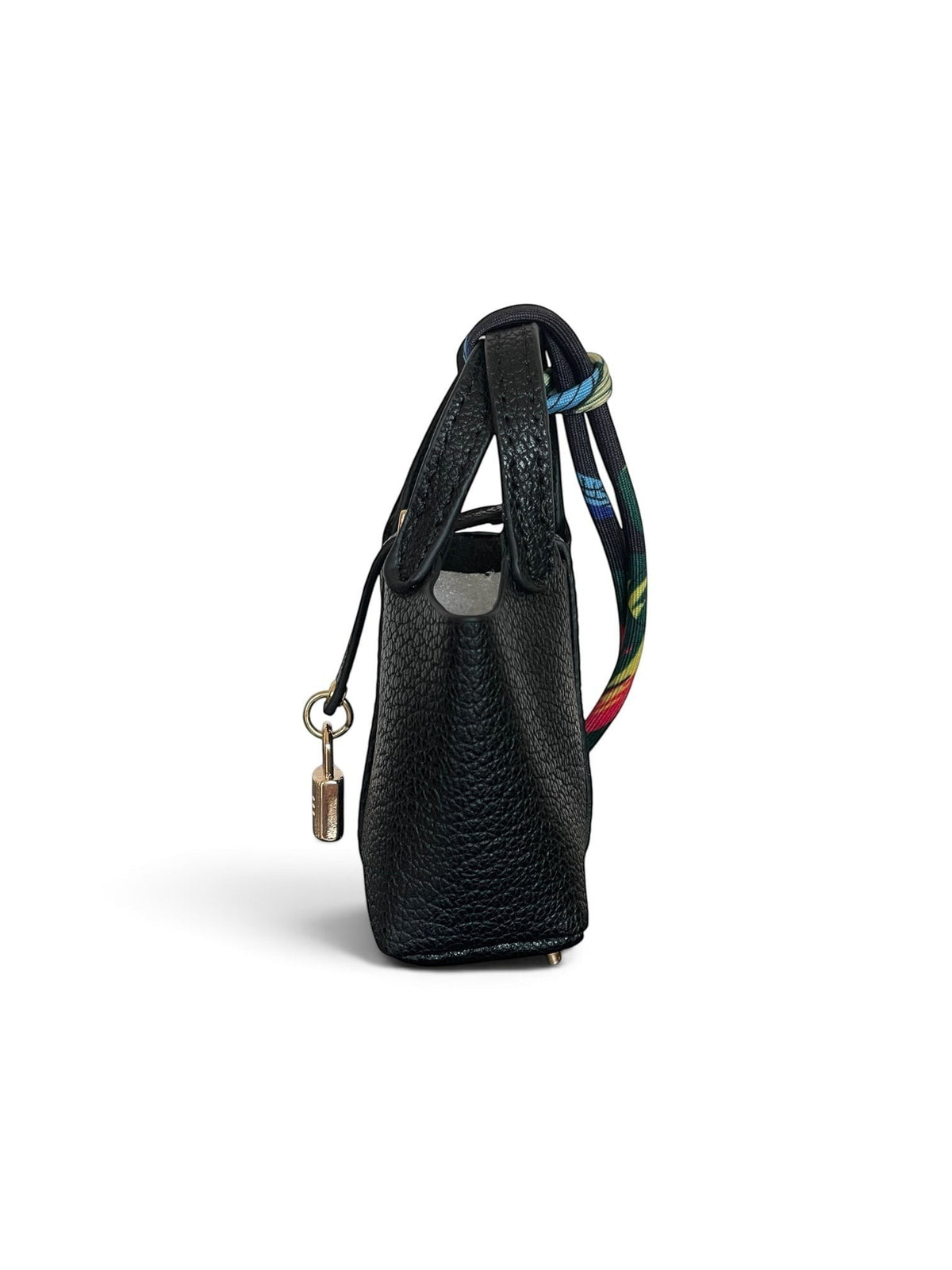 Bagsational black pebbled leather mini bucket bag charm with a gold padlock and colorful patterned handle scarf