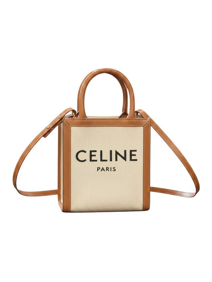 Bagsational preowned Celine Vertical Cabas mini tote in beige canvas and tan leather with black logo lettering