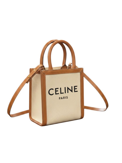 Bagsational preowned Celine Vertical Cabas mini tote in beige canvas with brown leather trim and logo print