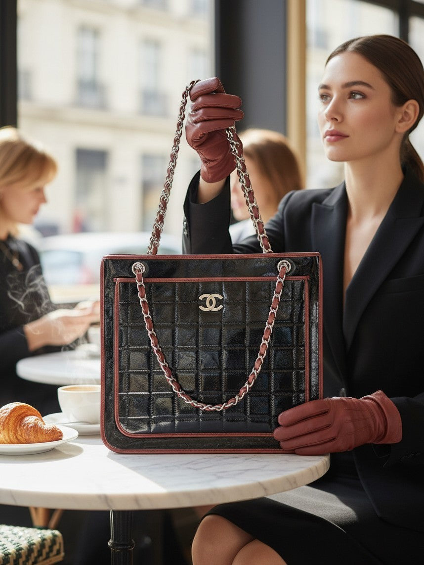 Bagsational preowned Chanel black patent leather quilted tote bag with chain straps held by a woman in a cafe