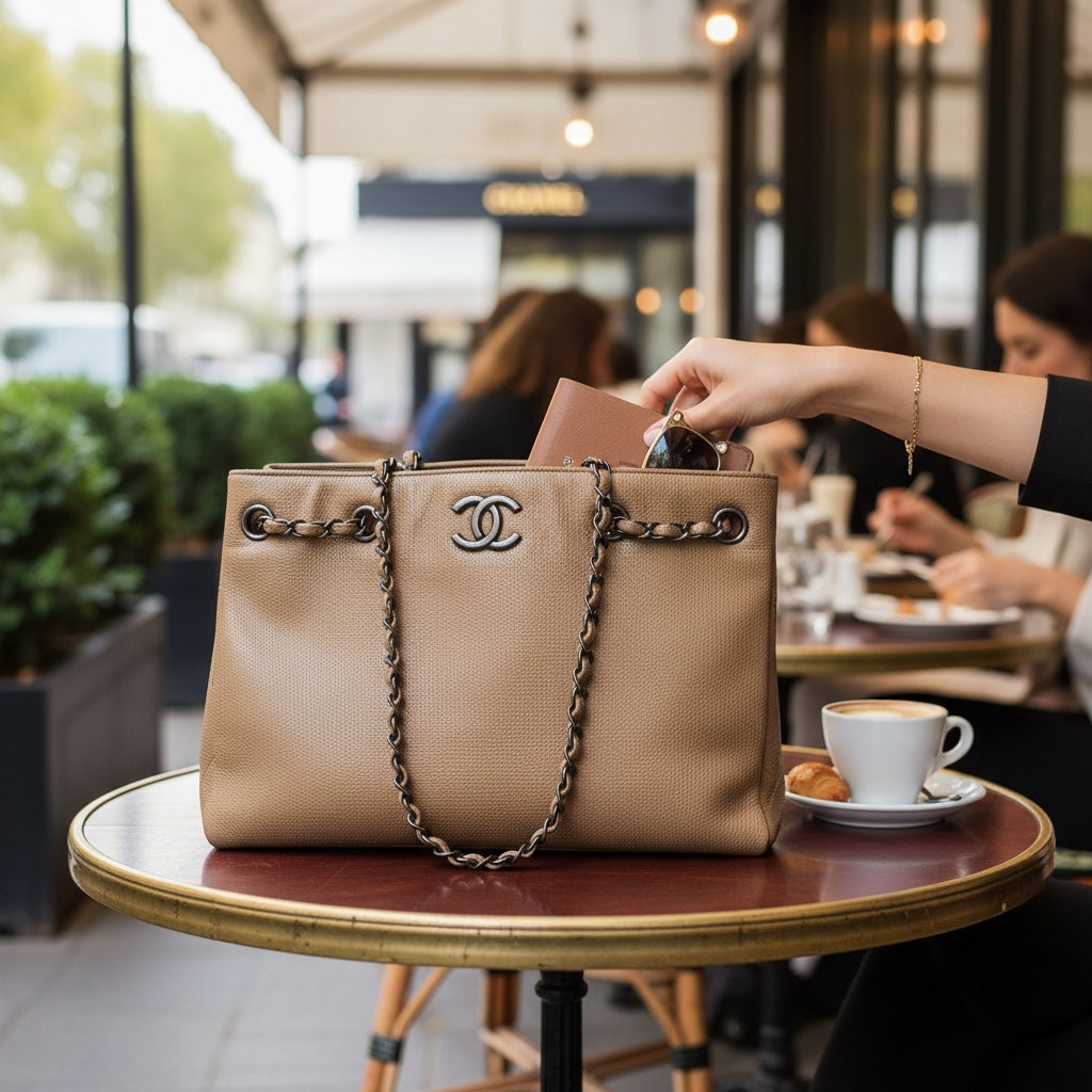 Bagsational Chanel Caviar metallic leather tote bag with chain straps on a cafe table
