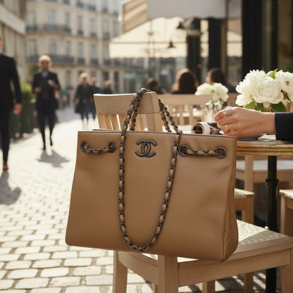 Bagsational Chanel metallic caviar leather tote bag with chain straps on a cafe chair in a city setting.