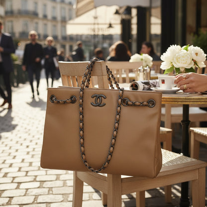 Bagsational Chanel Caviar metallic leather tote bag with chain straps resting on a chair at a Parisian cafe terrace.