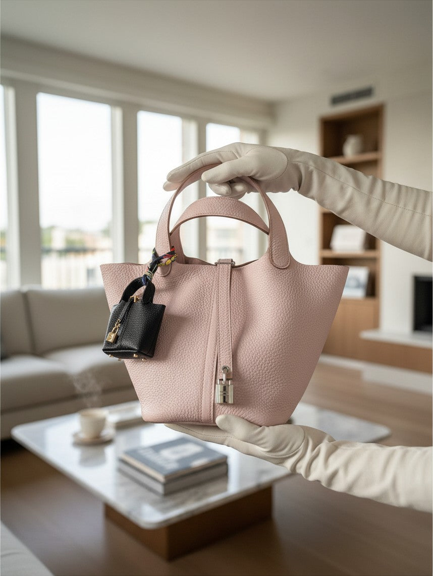 Bagsational mini black leather bucket bag charm hanging from a light pink handbag held by hands in white gloves