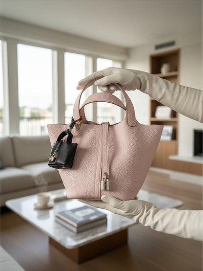 Bagsational mini black leather bucket bag charm hanging from a light pink handbag held by hands in white gloves