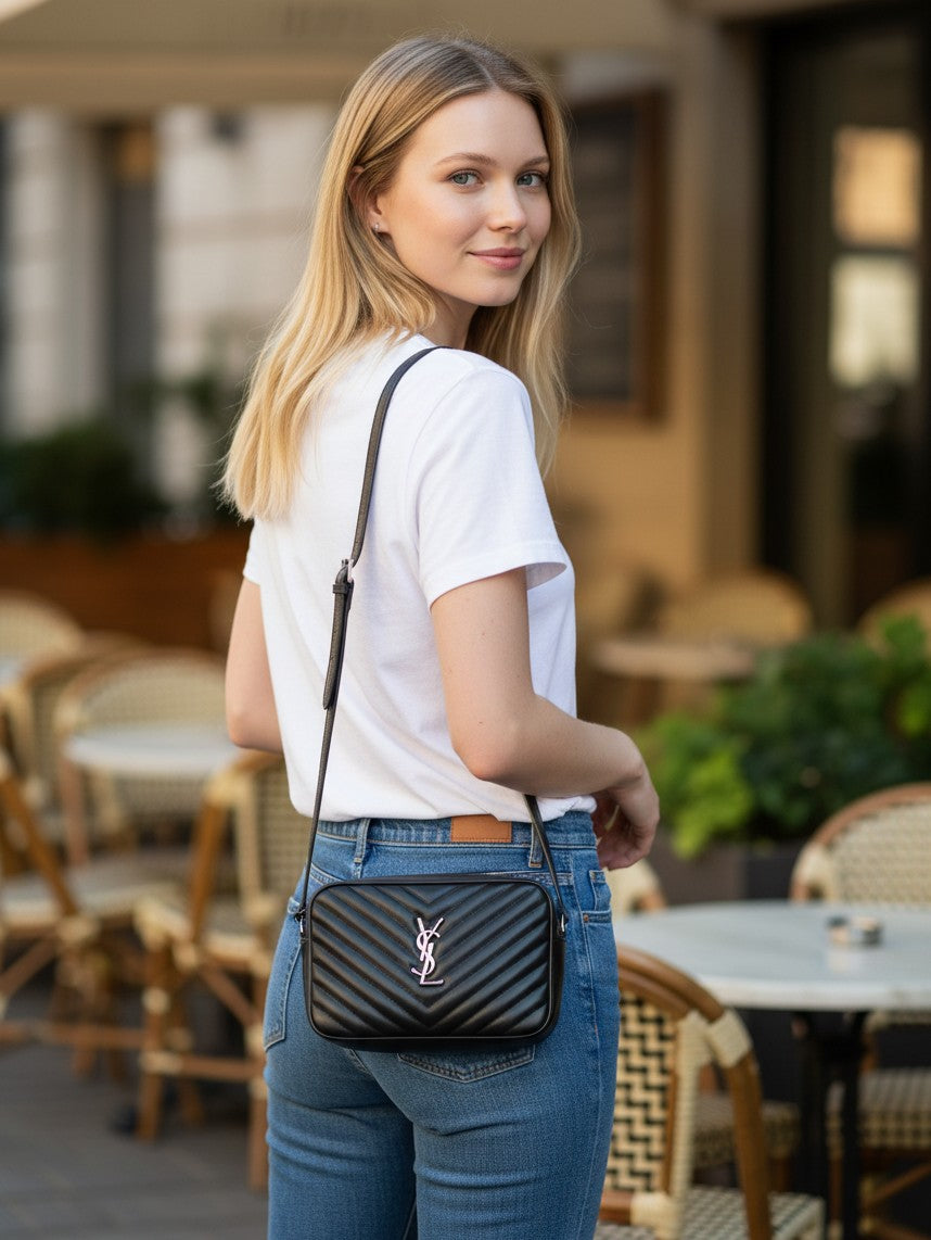 Bagsational YSL Lou camera bag in black quilted leather with silver hardware worn crossbody by a blonde woman