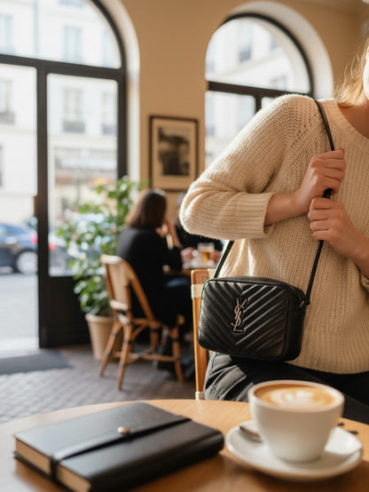 Bagsational YSL Lou camera bag in black quilted leather with silver hardware worn crossbody in a cafe setting