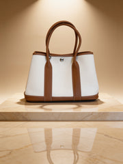 Genuine Togo Leather Trim Canvas Open Tote with Strap & Pouch